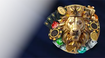 Graphic of a majestic lion adorned with a crown and surrounded by chips and cards, symbolizing the welcome bonus at Lev Internet Casino for new players.