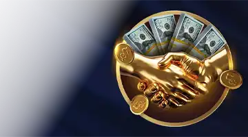 Graphic of a golden handshake with dollar bills, symbolizing the refer-a-friend bonus at Lev Gambling Platform, highlighting mutual benefits.