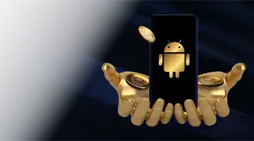 Illustration of golden hands holding a smartphone with an Android logo, representing the mobile app bonus at Lev Online Casino.